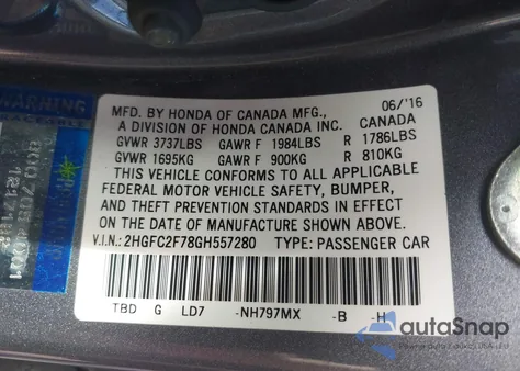 2016 Honda Civic Ex from USA, damaged, VIN 2HGFC2F78GH557280